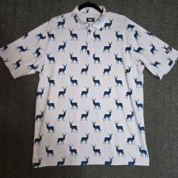 Waggle Men's Golf Polo Bucked Up White and Navy Deer Print Sz XL - Picture 2 of 8